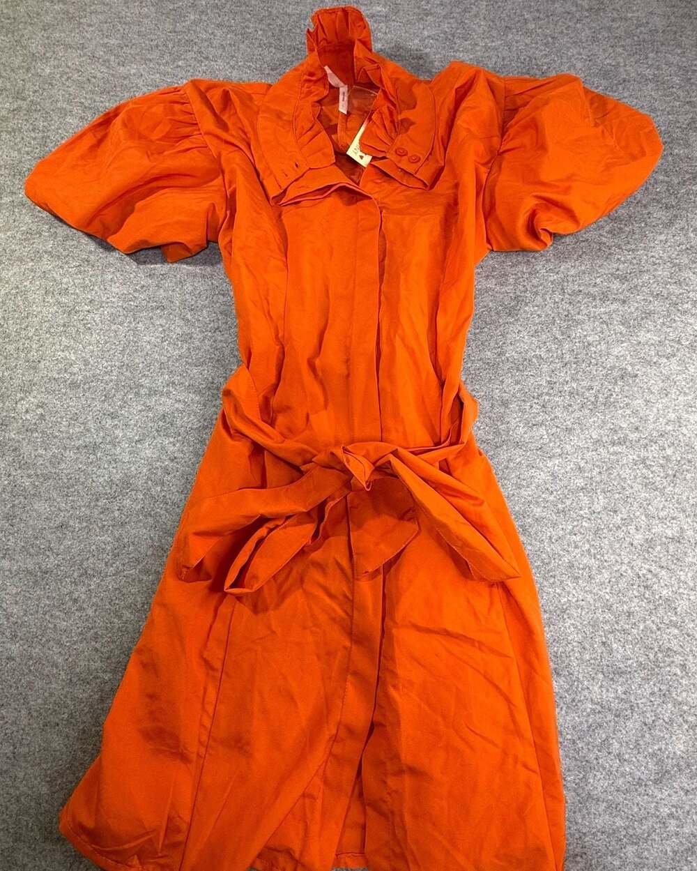 True Destiny Orange Ruffle Collar Puff Sleeve Tie Waist Dress